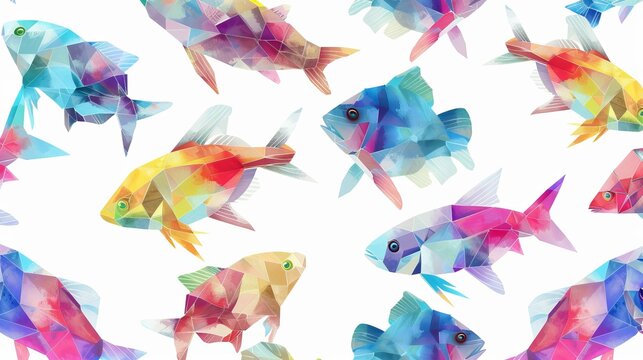 A low-poly 3D image depicts a seamless, colorful watercolor of a fishing fish.