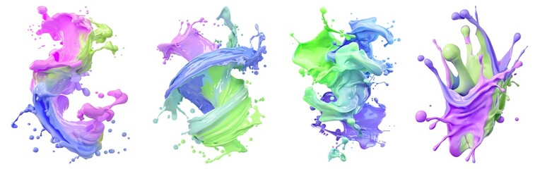 Set of pastel mixed multi colour colourful cream liquid paint ink splash swirl wave on transparent...
