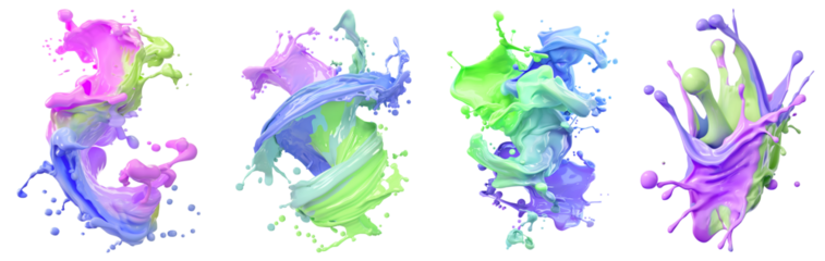 Set of pastel mixed multi colour colourful cream liquid paint ink splash swirl wave on transparent background cutout, PNG file. Many assorted different design. Mockup template for artwork graphic