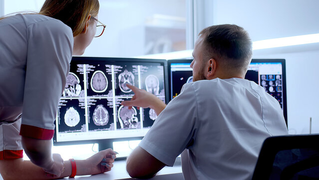 In Control Room Doctor and Radiologist Discuss Diagnosis while Watching Procedure and Monitors Showing Brain Scans Results, In the Background Patient Undergoes MRI or CT Scan Procedure.