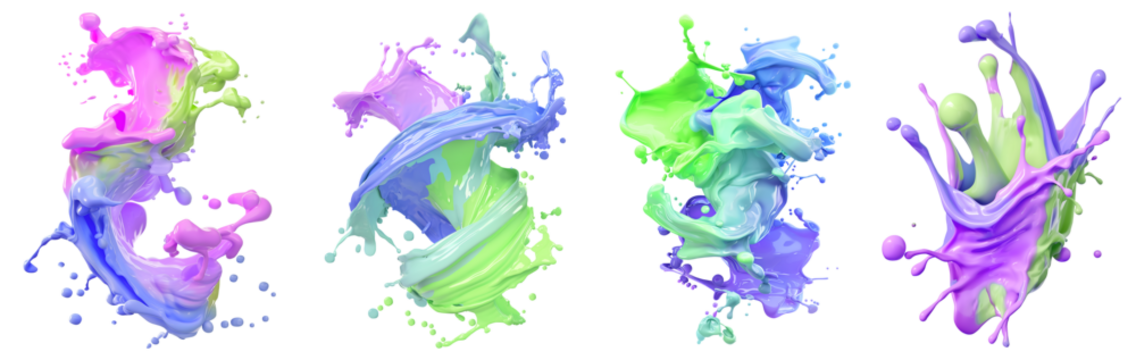 Set of pastel mixed multi colour colourful cream liquid paint ink splash swirl wave on transparent background cutout, PNG file. Many assorted different design. Mockup template for artwork graphic