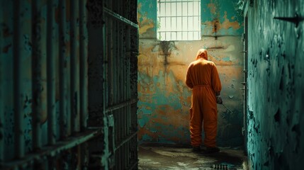 prisoner man digging a hole in a jail in royal orange suit behind bars - obrazy, fototapety, plakaty