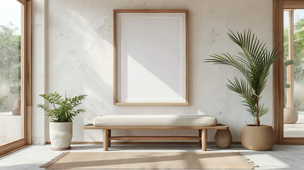 white blank wooden frame mockup, hanging on beige wall  background with bench and plant pot. minimalist interior house