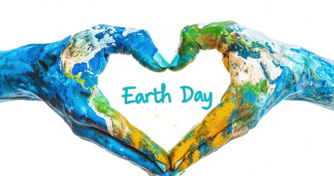 A heart made of two hands with the earth painted on them, Earth Day, environmental preservation.