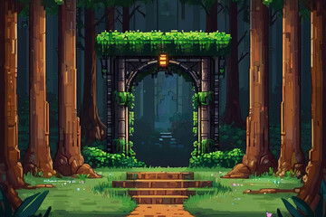 Pixel art game background. Forest portal, magic gate view. Enchanting pixel art scenery for gaming.
