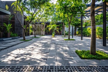 Fototapeta premium Modern house patio made of concrete with trees, modern architecture.