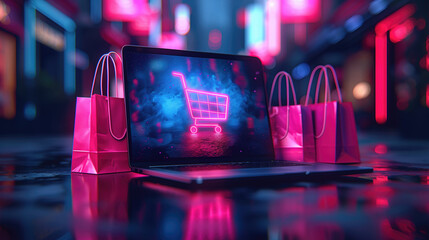 internet shopping theme. laptop displaying a virtual shopping cart sits atop a abstract background, offering a moment of digital escape and relaxation amid the serene surroundings. 