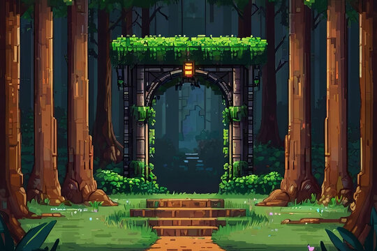 Pixel art game background. Forest portal, magic gate view. Enchanting pixel art scenery for gaming.
