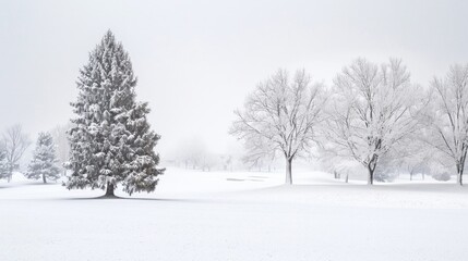 A white winter landscape with snow covered trees, snowy landscape.