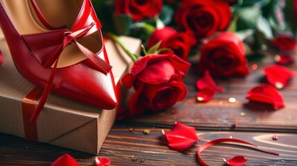 Elegant Surprise - A Unique Gift Box Paired with a Red Shoe and Roses on a Wooden Surface