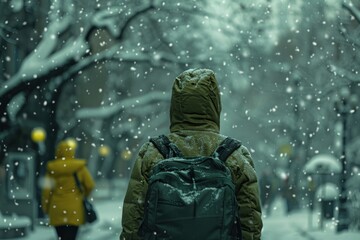 A person in a green hooded jacket carrying a backpack, snow falling, winter concept, cold.