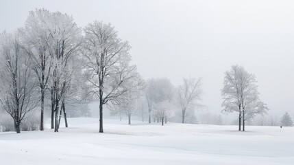 Fototapeta premium A white winter landscape with snow covered trees, snowy landscape.
