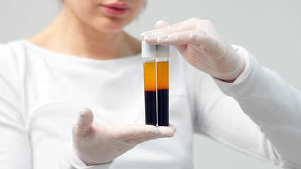 A cosmetologist in a white coat and gloves checks and demonstrates a blood collection tube with centrifuged blood - separated rich in platelets and plasma