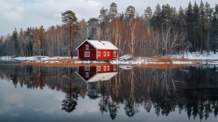 Capturing the Serene Harmony of a Little Red Cabin in the Winter Woods by the Lake
