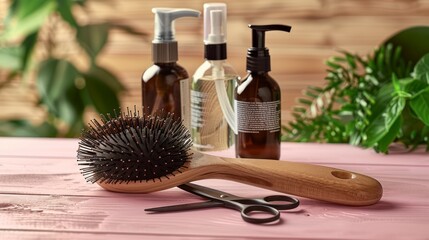 Crafting Beauty - Hairbrush, scissors and shampoo. Hair care and styling background