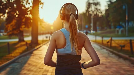 Dusk's Cadence - A Girl, Her Headphones, and the Peaceful Path of a Sunset Run in the Park