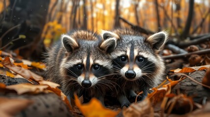 Capturing the Comical Side of Raccoons in the Colorful Backdrop of the Forest