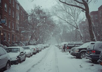 A residential street covered in snow with parked cars, winter concept.