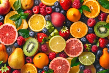 Colorful pattern of various fresh whole and sliced ripe fruits and berries