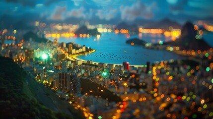 Tilt-shift photography of the Rio de Janeiro. Top view of the city in postcard style. Miniature houses, streets and buildings - obrazy, fototapety, plakaty
