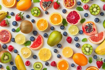 Colorful pattern of various fresh whole and sliced ripe fruits and berries - obrazy, fototapety, plakaty