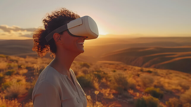 Woman experiencing virtual reality in desert landscape at sunset. Futuristic technology and exploration concept. Design for tech advertisement, innovative poster