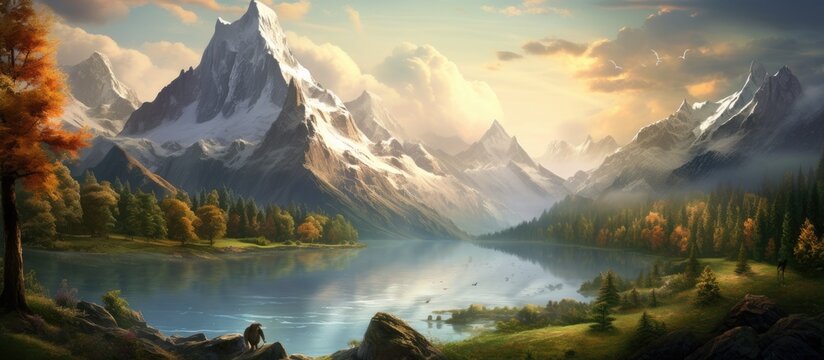 A scenic painting depicting a tranquil lake with towering mountains, lush trees, and fluffy cumulus clouds in the sky. A serene natural landscape perfect for travel and relaxation
