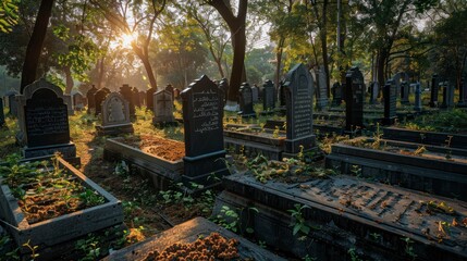 Eternal Peace - The Solemn Beauty of Graves and Tombstones at a Muslim Cemetery - obrazy, fototapety, plakaty