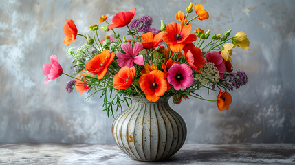 Bouquet of poppies in a vase on a gray background