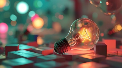 miniature light bulb with toy vibes in isometric perspective - obrazy, fototapety, plakaty