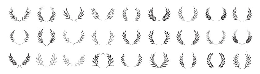 Set of black laurels frames branches. Hand drawn vector laurel leaves decorative elements