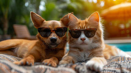 Cute ginger cat and chihuahua dog in sunglasses lying on the sunbed.