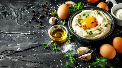 Gourmet Creation - Mayonnaise with eggs, oil, herbs and garlic cloves. On black rustic background