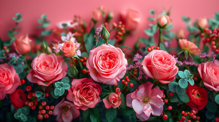 Bouquet of pink roses with green leaves on a pink background