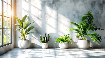 Modern interior with green plants in pots and sunlight. 3D Rendering - obrazy, fototapety, plakaty