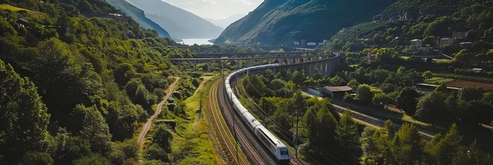 Schilderijen op glas Aerial scenery of train with wagons in mountain landscape © Barosanu