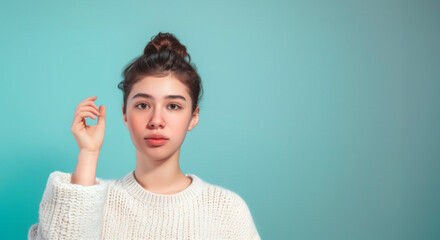 Obraz premium A young woman with her hair in a bun wearing a white sweater holding up her hand, against a light blue background, copy space concept for skincare and beauty products advertising banner.