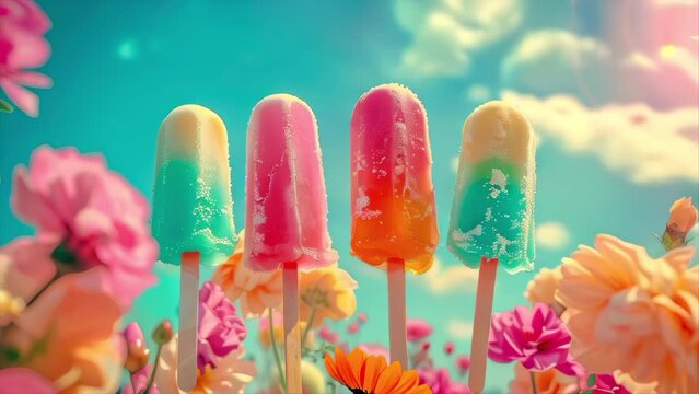 Colorful ice cream popsicles surrounded by summer flowers and with a background of moving clouds