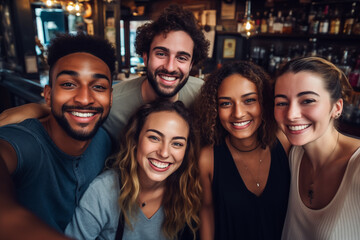 Diverse group of friend having fun in a bar, Happy and smiling friends taking selfie in a pub - obrazy, fototapety, plakaty