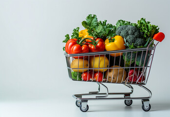 Shopping cart with vegetables and fruit inside, healthy food concept, discount and sale on a white background