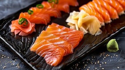 A Close-Up of Freshly Rolled Salmon and Tuna Slices on a Sleek Black Plate