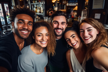 Diverse group of friend having fun in a bar, Happy and smiling friends taking selfie in a pub