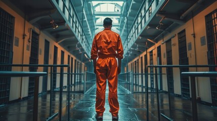 man in an orange suit entering a prison observing the cells during the day - obrazy, fototapety, plakaty