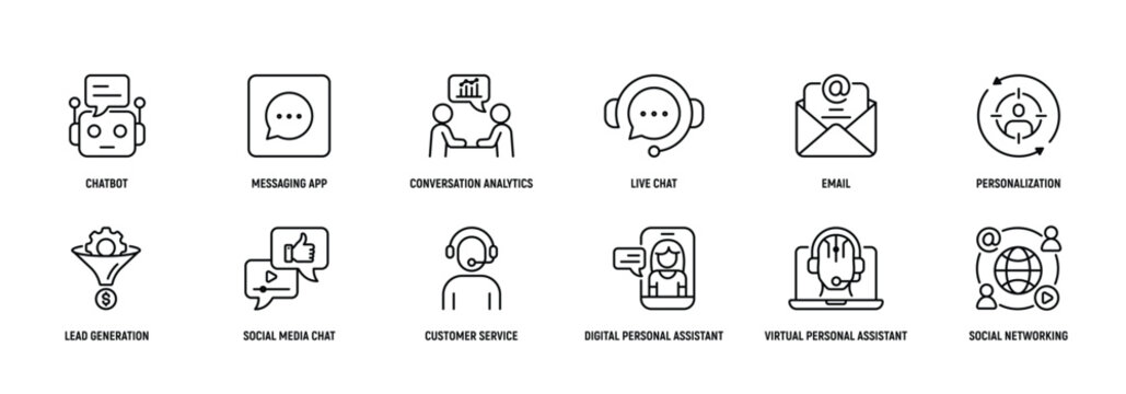 Conversational Marketing Line Icon Set, Editable Stroke. chatbot, messaging, app, conversation, analytics, live, Strategy.