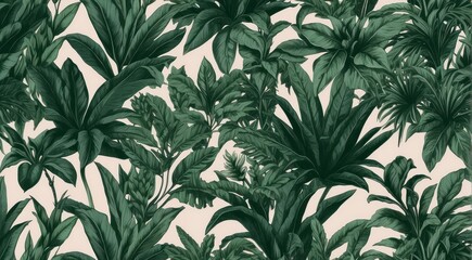 Organic Foliage Simple Hand-Drawn Pencil Illustration of Green Plants and Leaves Pattern, Vintage Botanical Graphic Design