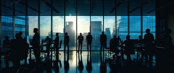 Silhouetted Business Professionals Engage in Strategic Discourse within a Dimly Lit Meeting Room