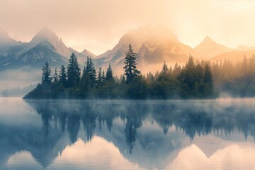 Dreamy landscape of mist, forest, and mountain lake - obrazy, fototapety, plakaty