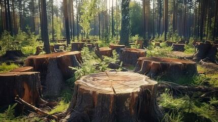 The Lingering Tree Stumps in a Summer Forest as Silent Testaments to Environmental Decline