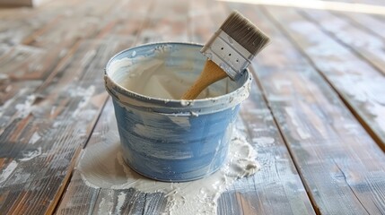A Close-Up on the Essential Tools for Apartment Renovation—Wallpaper Glue, Brush, and Grey Bucket