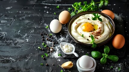 Crafting Traditional Mayonnaise with Fresh Eggs, Oil, Herbs, and Garlic, Captured on a Black Rustic Background
